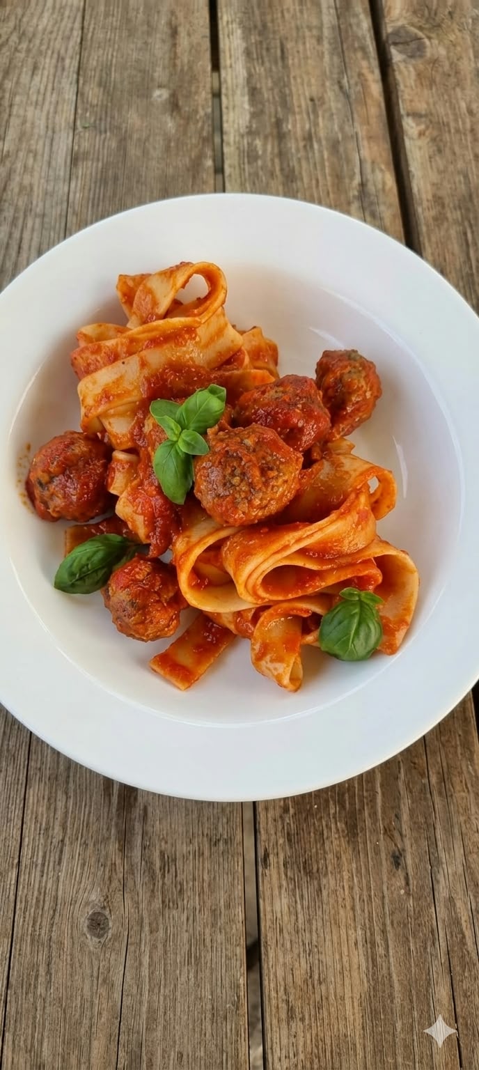 Pasta fresca con polpette e basilico